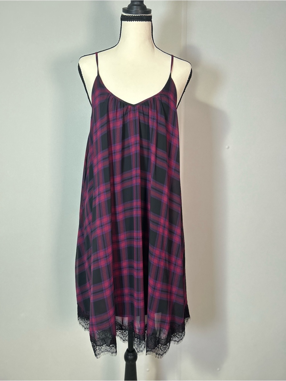 Express Black & Pink Plaid Slip with Lace Hem